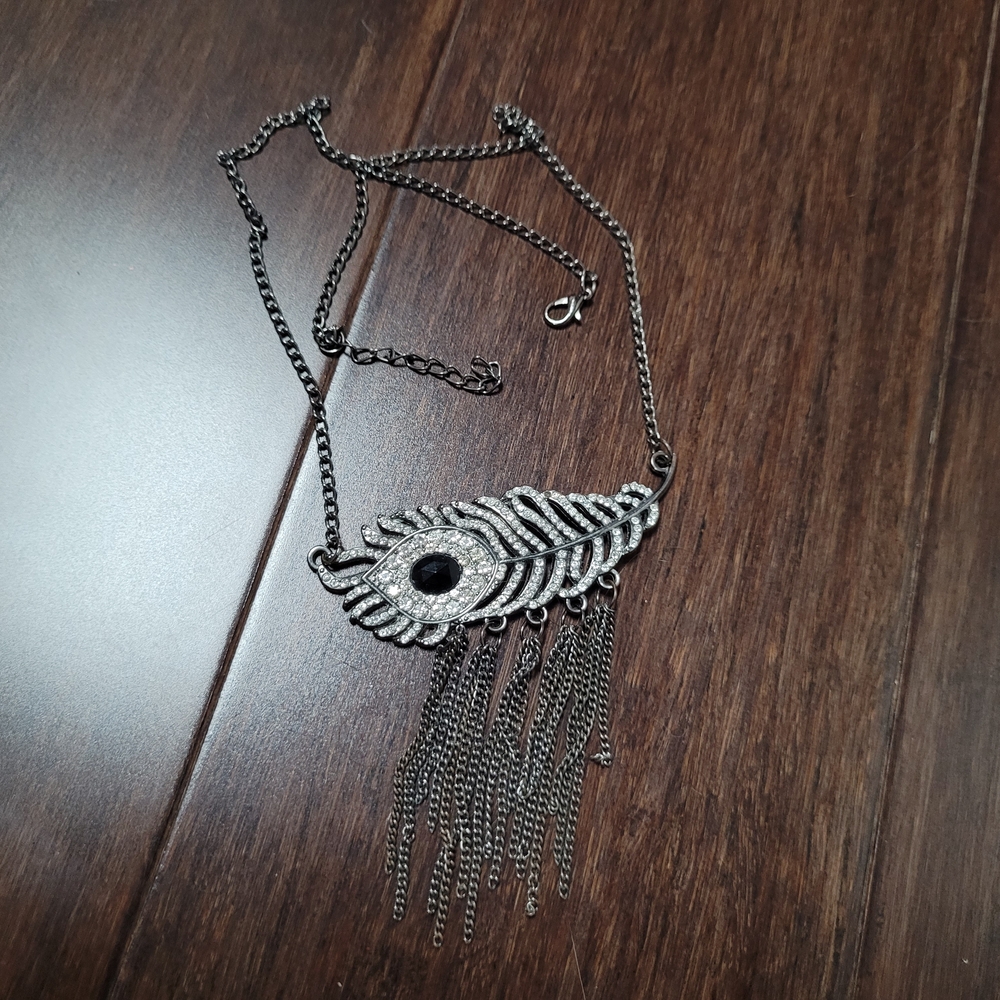 Silver Feather Pendant Necklace with Chain Tassels